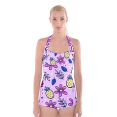 Flowers Purple Boyleg Halter Swimsuit  by nateshop