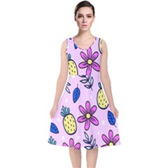 Flowers Purple V-neck Midi Sleeveless Dress  by nateshop