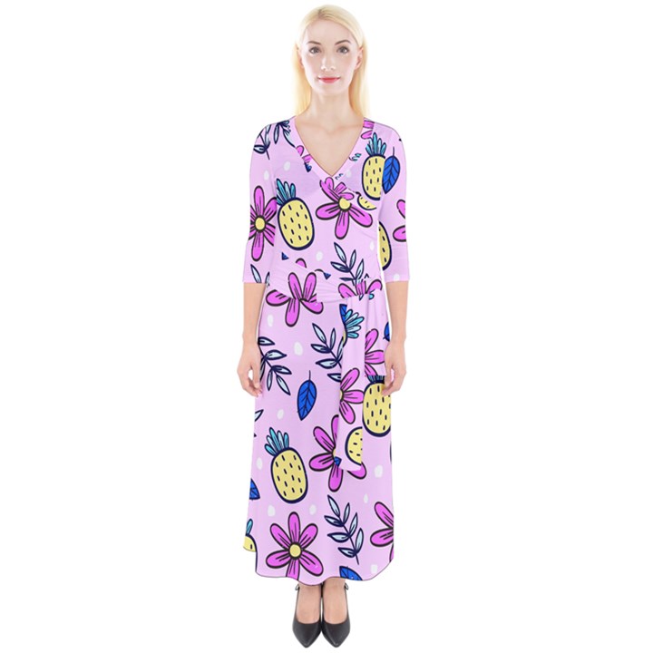 Flowers purple Quarter Sleeve Wrap Maxi Dress