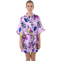 Flowers Purple Half Sleeve Satin Kimono  by nateshop