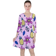 Flowers Purple Quarter Sleeve Ruffle Waist Dress by nateshop