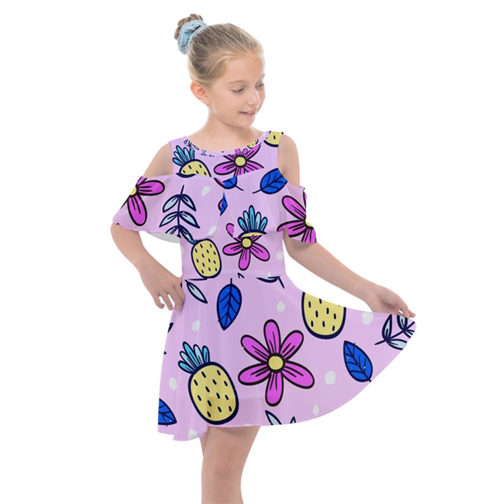 Flowers purple Kids  Shoulder Cutout Chiffon Dress