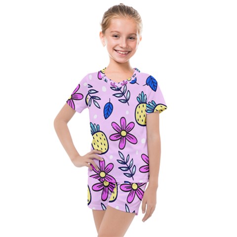 Flowers Purple Kids  Mesh Tee And Shorts Set by nateshop