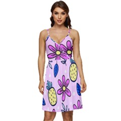 Flowers Purple V-neck Pocket Summer Dress 