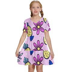 Flowers Purple Kids  Short Sleeve Tiered Mini Dress