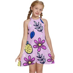 Flowers Purple Kids  Halter Collar Waist Tie Chiffon Dress