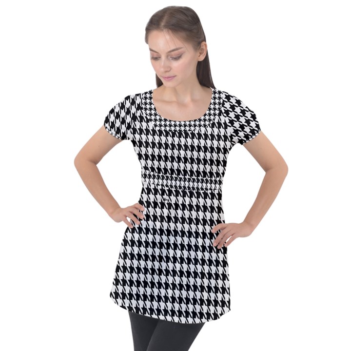 Houndstooth Puff Sleeve Tunic Top