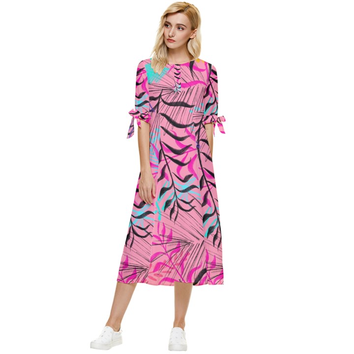 Illustration Bow Sleeve Chiffon Midi Dress