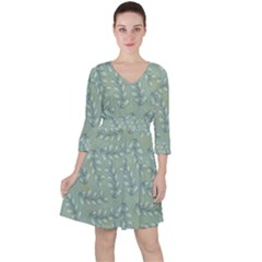 Leaves-pattern Quarter Sleeve Ruffle Waist Dress by nateshop