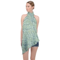 Leaves-pattern Halter Asymmetric Satin Top by nateshop