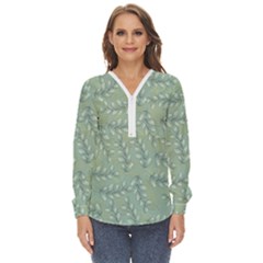 Leaves-pattern Zip Up Long Sleeve Blouse