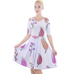 Leaves-pink Quarter Sleeve A-line Dress by nateshop