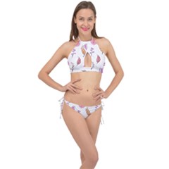 Leaves-pink Cross Front Halter Bikini Set by nateshop