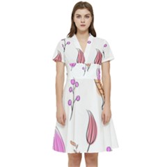 Leaves-pink Short Sleeve Waist Detail Dress by nateshop