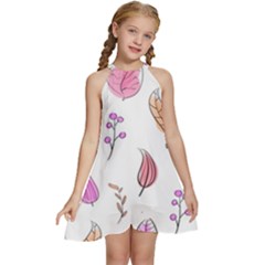 Leaves-pink Kids  Halter Collar Waist Tie Chiffon Dress