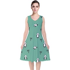 Pandas V-neck Midi Sleeveless Dress  by nateshop