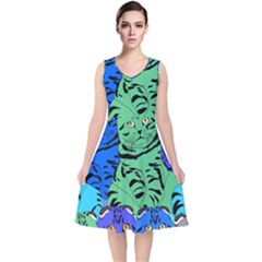 Pattern-cat V-neck Midi Sleeveless Dress  by nateshop