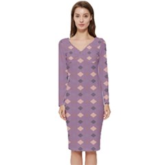 Pattern-puple Box Long Sleeve V-neck Bodycon Dress 