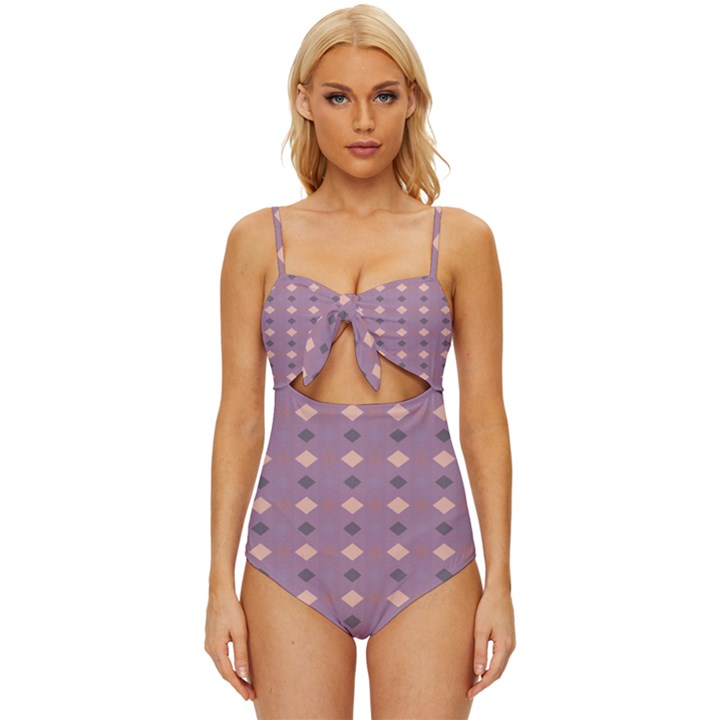 Pattern-puple Box Knot Front One-Piece Swimsuit