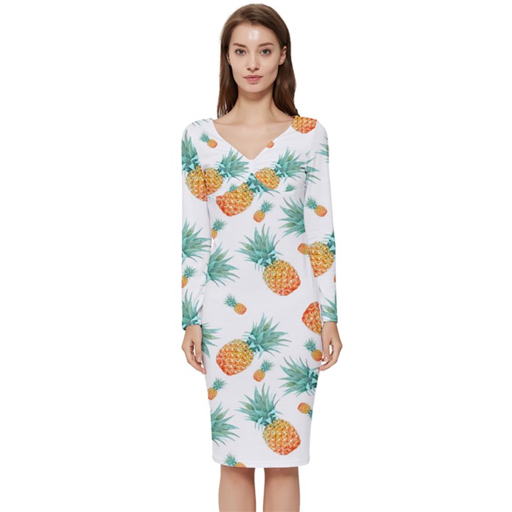 Pineapple Long Sleeve V-Neck Bodycon Dress 