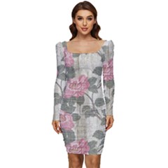 Roses,paint Women Long Sleeve Ruched Stretch Jersey Dress