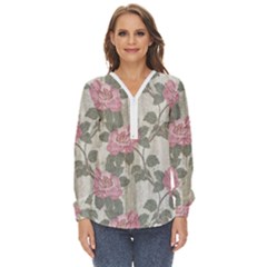 Roses,paint Zip Up Long Sleeve Blouse