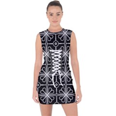 Seamless-pattern Black Lace Up Front Bodycon Dress