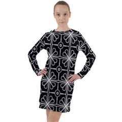 Seamless-pattern Black Long Sleeve Hoodie Dress