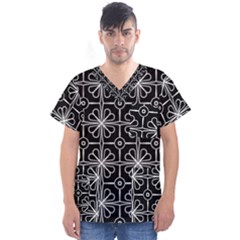 Seamless-pattern Black Men s V-neck Scrub Top