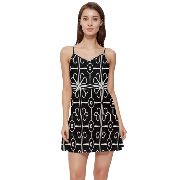 Seamless-pattern Black Short Frill Dress