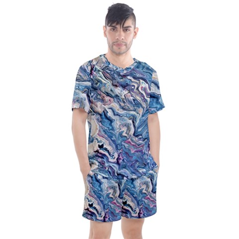 Abstract Waves Men s Mesh Tee And Shorts Set by kaleidomarblingart