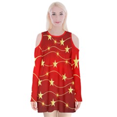 Background Christmas Decoration Holiday Xmas Shiny Velvet Long Sleeve Shoulder Cutout Dress by artworkshop