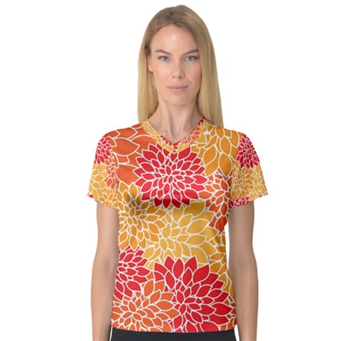 Background Colorful Floral V-neck Sport Mesh Tee by artworkshop