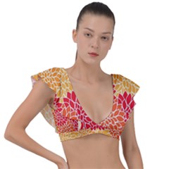 Background Colorful Floral Plunge Frill Sleeve Bikini Top