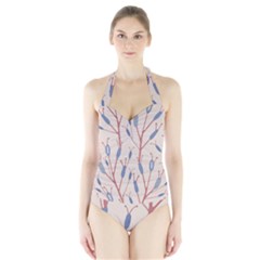 Floral Branches Plant Drawing Halter Swimsuit by artworkshop