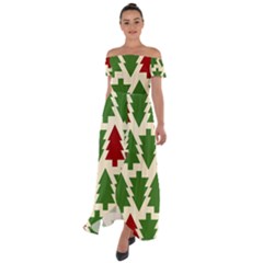  Christmas Trees Holiday Off Shoulder Open Front Chiffon Dress