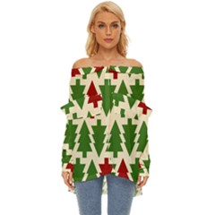  Christmas Trees Holiday Off Shoulder Chiffon Pocket Shirt by artworkshop