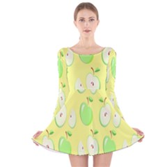 Apple Pattern Green Yellow Long Sleeve Velvet Skater Dress by artworkshop