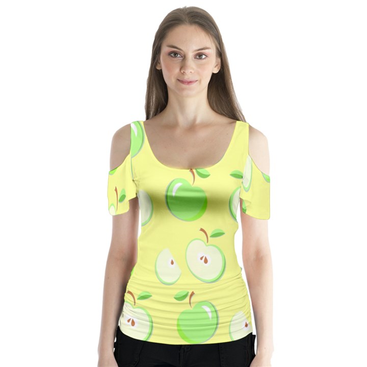 Apple Pattern Green Yellow Butterfly Sleeve Cutout Tee 