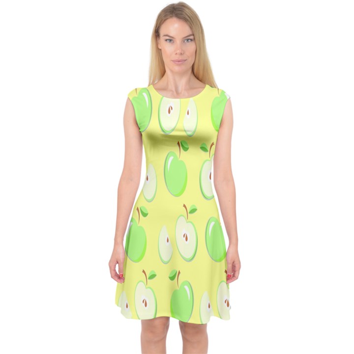 Apple Pattern Green Yellow Capsleeve Midi Dress