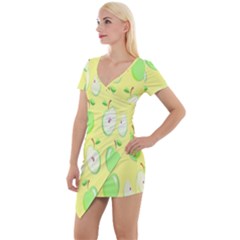 Apple Pattern Green Yellow Short Sleeve Asymmetric Mini Dress by artworkshop