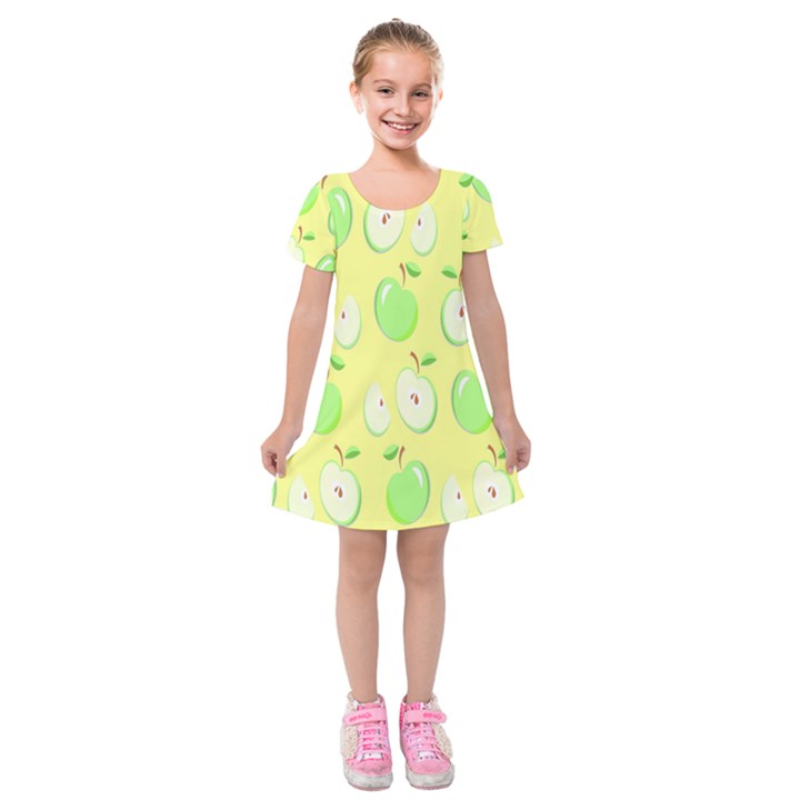 Apple Pattern Green Yellow Kids  Short Sleeve Velvet Dress