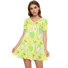 Apple Pattern Green Yellow Tiered Short Sleeve Babydoll Dress by artworkshop