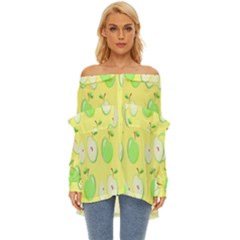 Apple Pattern Green Yellow Off Shoulder Chiffon Pocket Shirt by artworkshop