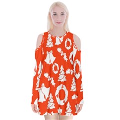 Orange Background Card Christmas  Velvet Long Sleeve Shoulder Cutout Dress