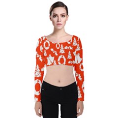 Orange Background Card Christmas  Velvet Long Sleeve Crop Top by artworkshop