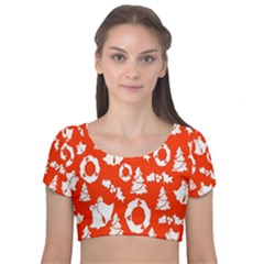 Orange Background Card Christmas  Velvet Short Sleeve Crop Top  by artworkshop