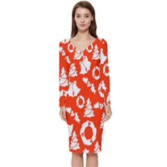 Orange Background Card Christmas  Long Sleeve V-neck Bodycon Dress  by artworkshop