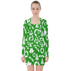 Green  Background Card Christmas  V-neck Bodycon Long Sleeve Dress by artworkshop