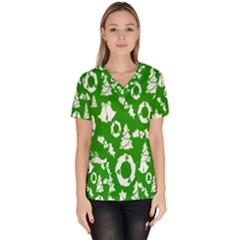 Green  Background Card Christmas  Women s V-neck Scrub Top by artworkshop